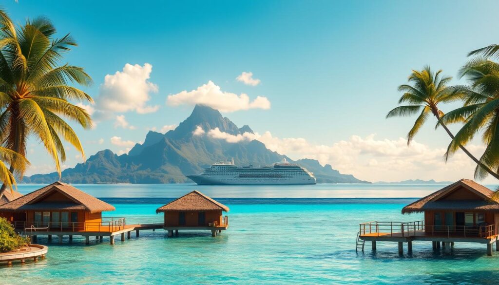 A serene tropical paradise, French Polynesia's crystalline waters lap against sun-dappled beaches, palm trees sway gently in the breeze. In the foreground, vibrant overwater bungalows with thatched roofs beckon, their decks offering panoramic vistas of the sparkling lagoons. In the middle ground, lush, verdant volcanic islands rise majestically, their jagged peaks capped with wispy clouds. In the distance, a luxurious cruise ship glides across the horizon, its elegant silhouette reflected in the mirror-like surface. Warm, golden light filters through, casting a soft, dreamlike glow over the entire scene, conveying the tranquil, idyllic atmosphere of this island paradise.
