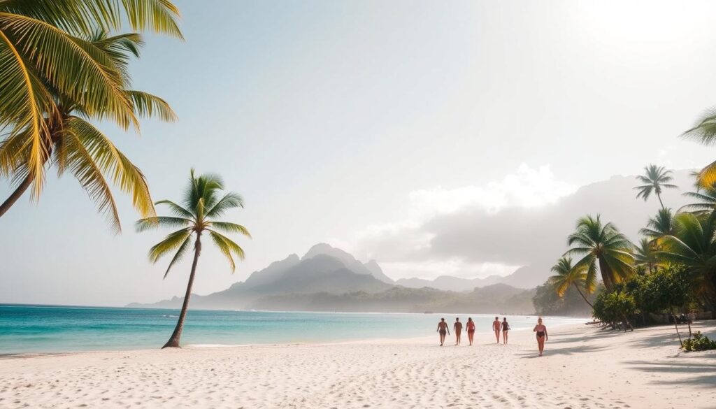 A serene tropical paradise during the off-peak season in Fiji. A deserted white sand beach is framed by swaying palm trees and azure waters under a soft, hazy midday sun. In the distance, lush jungle-covered hills recede into the horizon, shrouded in a delicate mist. A handful of beachgoers leisurely stroll along the shore, soaking in the tranquil atmosphere. The scene exudes a sense of quiet solitude and unhurried relaxation, capturing the essence of Fiji during the less-crowded months.