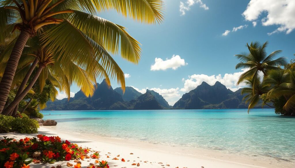 A serene tropical paradise in the South Pacific, with lush palm trees swaying gently in the warm breeze. The crystalline turquoise waters of a secluded lagoon glisten under the golden rays of the sun, inviting visitors to bask in the tranquility. In the foreground, a white sand beach dotted with vibrant flowers and shells, while in the distance, verdant, jagged peaks rise up, creating a stunning backdrop. The scene exudes a sense of timelessness and natural harmony, capturing the essence of the best time to visit this enchanting region - during the dry season, when the weather is at its most idyllic.