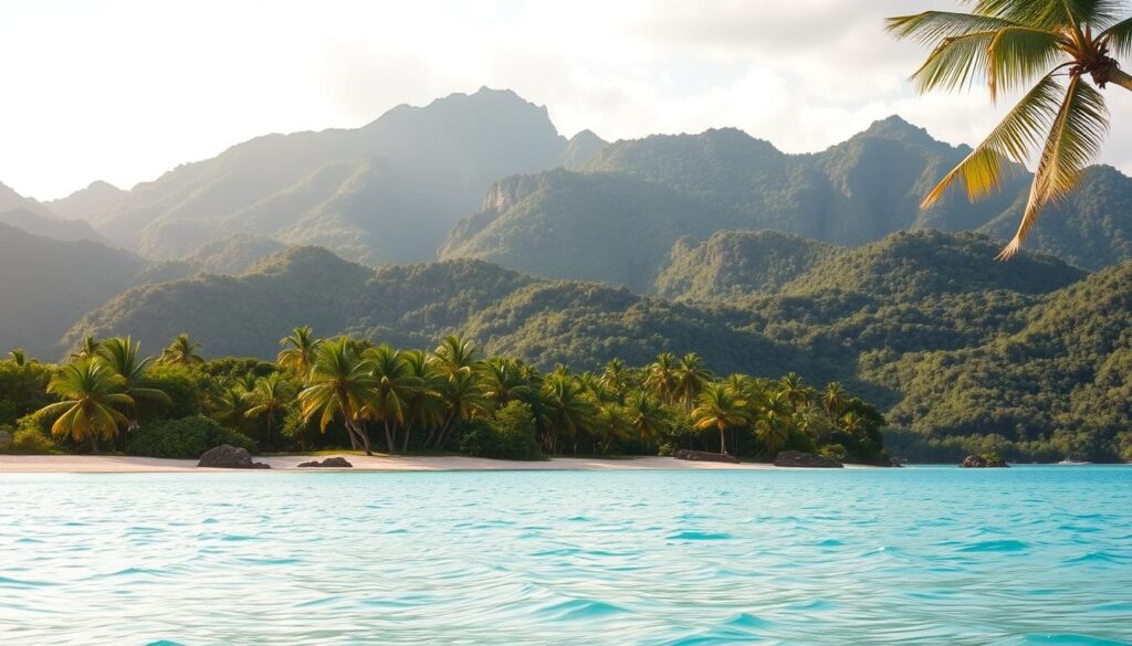 A serene tropical paradise, the Loyalty Islands are a picturesque archipelago in the South Pacific. In the foreground, crystal-clear turquoise waters lap gently against pristine white-sand beaches, dotted with swaying palm trees. The middle ground reveals lush, verdant forests and rolling hills, while the distant horizon is dominated by rugged, jagged peaks. Soft, diffused natural lighting creates a warm, golden glow, evoking a sense of tranquility and timelessness. The overall scene conveys a feeling of unspoiled natural beauty, perfect for travelers seeking a peaceful, relaxing escape from the world.