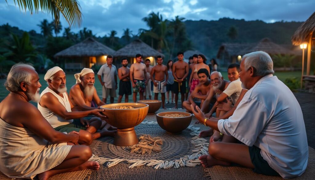 A serene, twilight kava ceremony in a traditional Fijian village. In the foreground, a group of elders sit cross-legged on woven mats, passing a large, wooden kava bowl filled with the earthy, pungent beverage. Soft, ambient lighting casts a warm glow, highlighting the reverent expressions on their faces. In the middle ground, younger men and women gather around, observing the ritual with quiet anticipation. In the background, thatched-roof bures (houses) dot the lush, tropical landscape, hinting at the cultural richness of this moment. The atmosphere is one of deep respect, community, and connection to ancestral traditions.