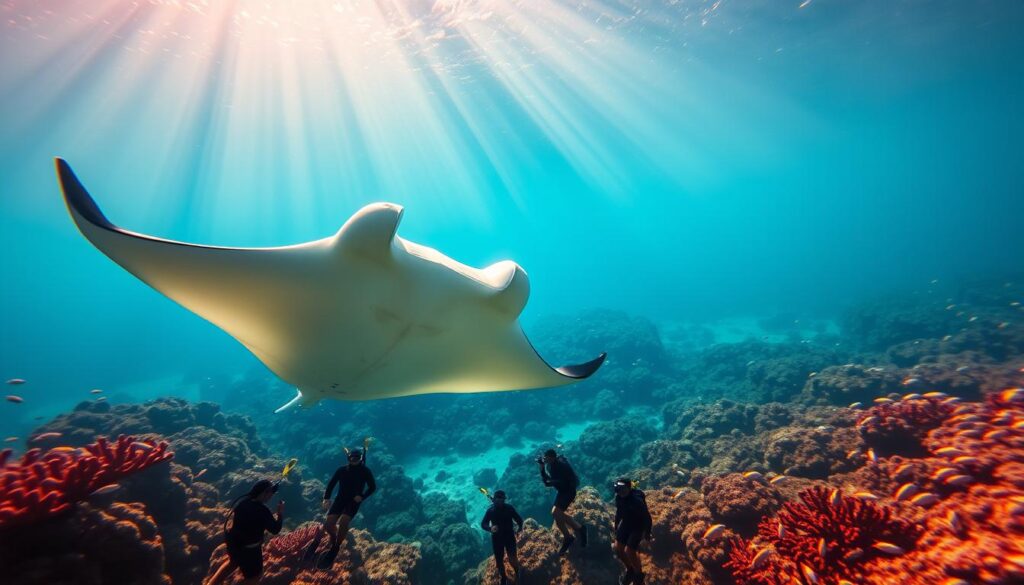 A serene underwater scene of a manta ray gracefully gliding through crystal-clear waters, surrounded by a vibrant coral reef ecosystem. The manta's massive, elegant wings propel it effortlessly as shafts of warm, golden sunlight filter down from the surface, creating a mesmerizing play of light and shadow. In the middle ground, several snorkelers in wet suits observe the majestic creature, awestruck by its majestic presence. The background features a lush, tropical seascape with schools of colorful fish darting among the coral formations. The overall mood is one of tranquility, wonder, and a deep appreciation for the beauty of the marine environment.