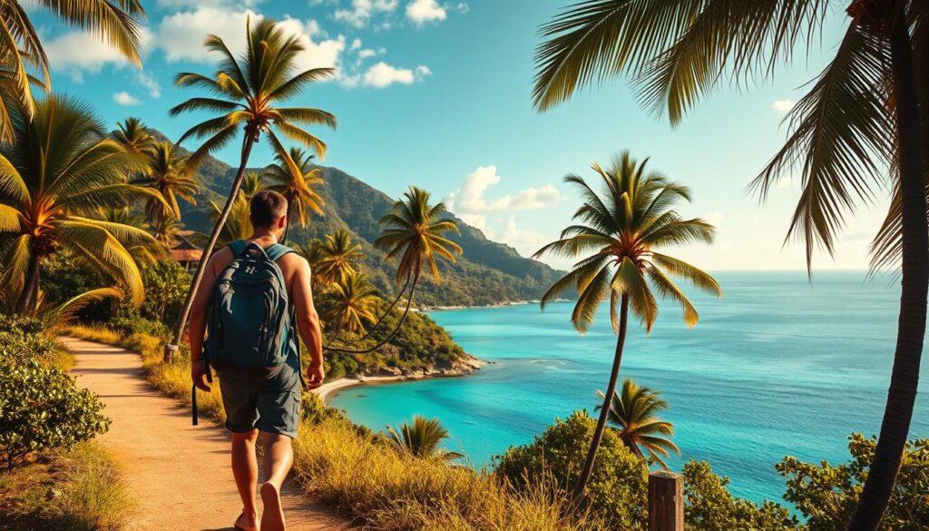 A solo traveler carrying a backpack and exploring a scenic tropical landscape, with lush palm trees, azure waters, and a clear sky. The traveler is walking along a winding path, exuding a sense of adventure and independence. The lighting is warm and natural, casting a golden glow across the scene. The camera angle is slightly elevated, capturing the traveler's path and the surrounding environment in a panoramic view. The overall mood is one of serenity, exploration, and the freedom of solo travel in the South Pacific.