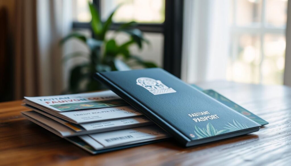A stack of authentic-looking Tahitian travel documents arranged on a wooden table, illuminated by soft natural light filtering through a window. The documents include a passport, boarding pass, and official-looking paperwork, all bearing the distinct tropical motifs and designs associated with the island nation. The scene conveys a sense of anticipation and preparedness for an upcoming Tahitian adventure, with a subtle backdrop hinting at the lush, verdant landscapes and vibrant culture that await the traveler.