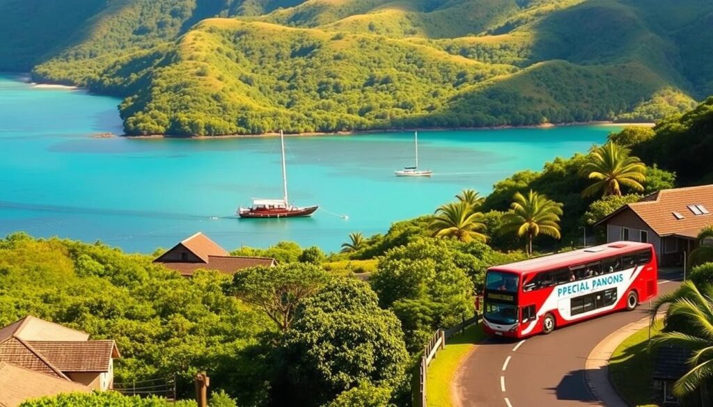 A sun-dappled coastal road winds through lush, verdant hills in Samoa. In the foreground, a vibrant red and white double-decker bus navigates the winding route, ferrying locals and tourists alike. Flanking the road, traditional Samoan fales, with their distinctive steeply pitched roofs, dot the landscape. In the middle ground, a small fishing boat bobs gently in the turquoise waters of a protected harbor, while in the distance, a pair of outrigger canoes glide effortlessly across the tranquil lagoon. The scene is bathed in warm, golden light, capturing the tranquil and laid-back atmosphere of this tropical island nation.