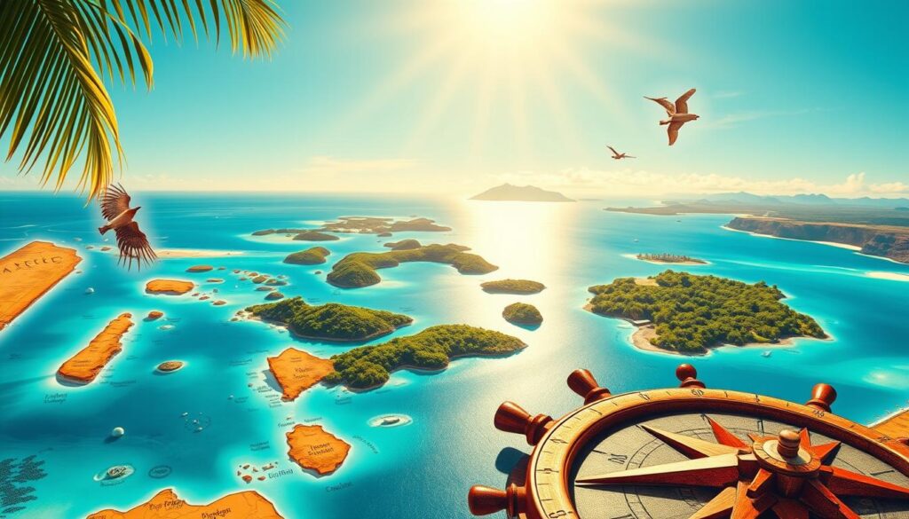 A sun-dappled map of the South Pacific islands, with vibrant tropical colors and a stylized, hand-drawn aesthetic. In the foreground, a compass rose and navigation tools guide the viewer, while in the middle ground, archipelagos of lush, verdant islands dot the azure waters. In the background, a horizon of distant peaks and palm-fringed shores evoke the sense of adventure and exploration. The lighting is warm and golden, evoking the feel of a vintage travel guide or explorer's journal. The overall mood is one of excitement and anticipation, inviting the viewer to plan their own island-hopping journey.