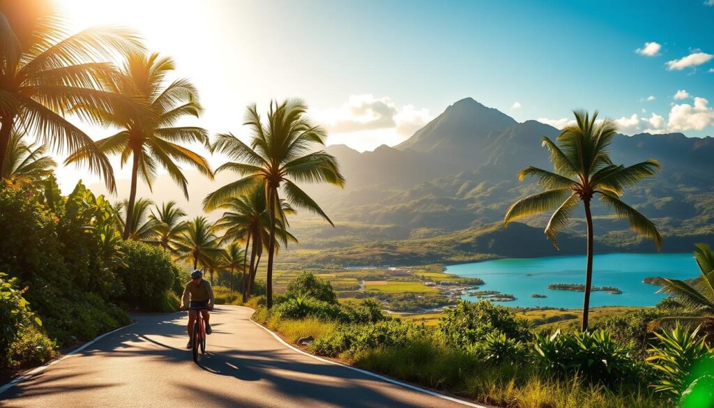 A sun-dappled, scenic view of Rarotonga's lush, verdant landscape. In the foreground, a cyclist navigates a winding road flanked by swaying palm trees and vibrant, tropical foliage. The rider's silhouette is captured in a dynamic, mid-pedal motion, conveying a sense of energy and exploration. In the middle ground, picturesque vistas of the island's rolling hills and turquoise lagoons come into focus, bathed in warm, golden light. In the background, the majestic, volcanic peaks of Rarotonga's interior rise up, creating a dramatic, natural backdrop. The scene exudes a tranquil, laid-back atmosphere, inviting the viewer to immerse themselves in the island's serene, outdoor adventures.