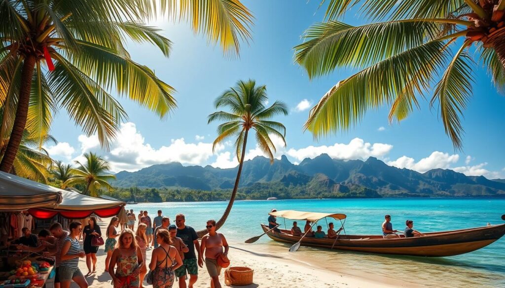 A sun-dappled tropical beach in the South Pacific, palm trees swaying gently in the breeze. In the foreground, a group of travelers explore a vibrant local market, browsing handcrafted wares and sampling fresh tropical fruits. In the middle ground, a traditional outrigger canoe glides across the turquoise waters, its occupants taking in the lush, verdant coastline. In the background, rugged volcanic mountains rise up, their peaks shrouded in wispy clouds. The scene is bathed in warm, golden light, evoking the relaxed, idyllic atmosphere of a South Pacific shore excursion.
