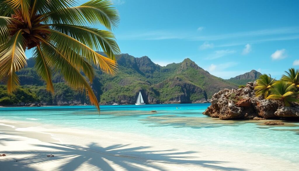 A sun-drenched beach on a tropical Tongan island, crystal-clear turquoise waters lapping at pristine white sand. Swaying palm trees cast gentle shadows across the foreground, while in the middle ground, vibrant coral reefs teeming with colorful marine life. The background features rugged, verdant cliffs rising up from the coastline, creating a dramatic, unspoiled natural landscape. Soft, diffused natural lighting illuminates the scene, capturing the tranquil, serene atmosphere of this idyllic beach paradise. Shot with a wide-angle lens to showcase the expansive, picturesque setting.