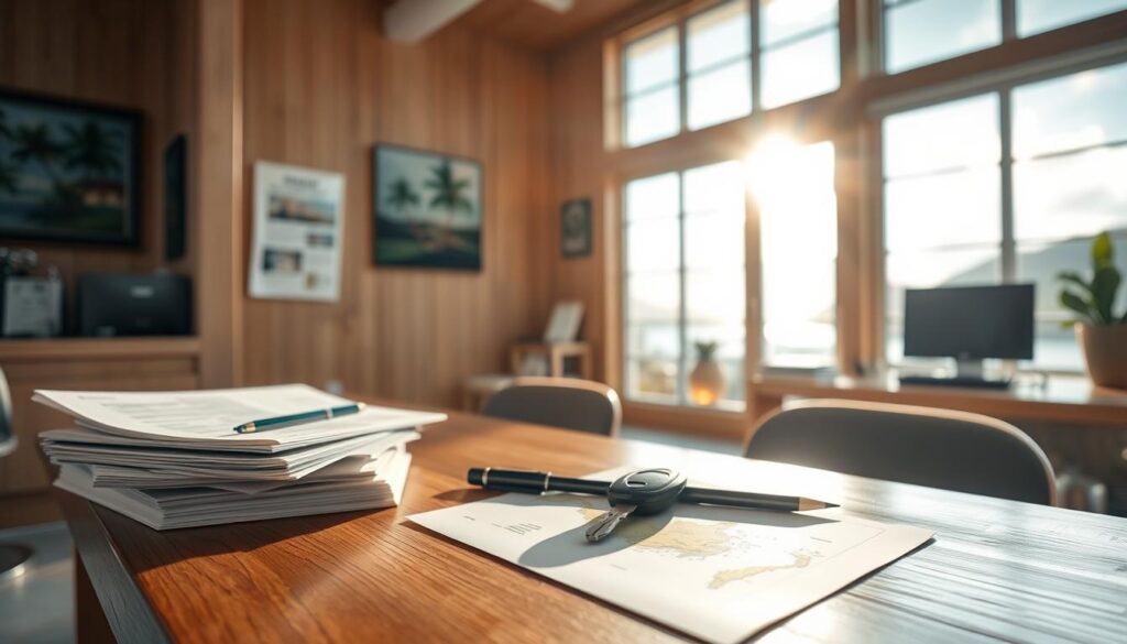 A sun-drenched office interior in Rarotonga, with a wooden desk showcasing the rental requirements for a car. On the desk, a stack of official documents, a pen, and a car key resting on a map of the island. Soft, natural lighting filters through large windows, casting a warm, inviting glow. The walls are adorned with tropical-themed artwork, hinting at the island's vibrant culture. The overall atmosphere conveys a sense of efficiency and attention to detail, reflecting the professionalism of the car rental service.