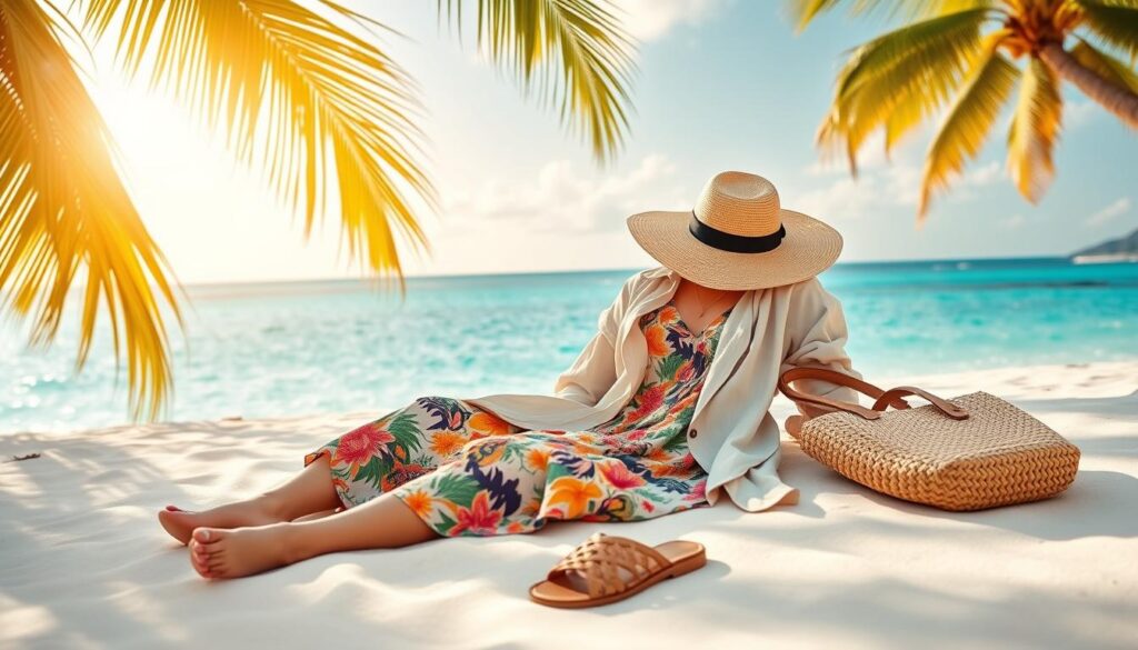 A sun-drenched tropical beach in Tahiti, with swaying palm trees and crystal-clear turquoise waters in the background. In the foreground, a stylish yet comfortable outfit lays out on the white sand - a flowing, colorful sundress, a lightweight linen button-down shirt, a wide-brimmed straw hat, a pair of comfortable sandals, and a woven tote bag. The lighting is warm and golden, creating a dreamy, relaxed atmosphere. The overall scene evokes the essence of effortless island style and the laidback, carefree spirit of a Tahitian getaway.