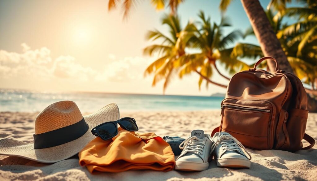 A sun-drenched tropical beach, palm trees swaying gently in the breeze. On the foreground, a carefully curated packing list - a sun hat, sunglasses, lightweight clothing, a packable rain jacket, and comfortable walking shoes. In the middle ground, a well-worn leather suitcase and a backpack, symbolizing the essentials for island hopping. The background features a distant horizon, hinting at the adventures that await beyond the shore. Warm, vibrant lighting illuminates the scene, capturing the essence of the South Pacific's laidback island lifestyle. The overall mood is one of excitement and anticipation, inviting the viewer to embark on their own island-hopping journey.