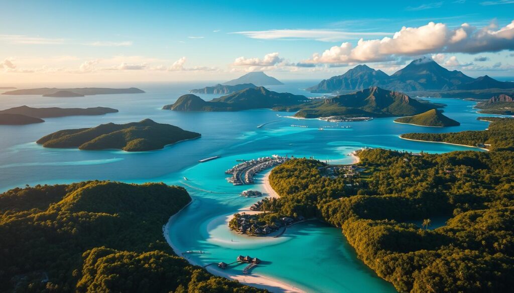 A sweeping aerial view of the lush, verdant islands of French Polynesia, bathed in warm, golden sunlight. In the foreground, crystalline turquoise lagoons and pristine white-sand beaches fringe the densely forested interiors. Mid-frame, iconic overwater bungalows and traditional Polynesian villages dot the coastlines, surrounded by swaying palm trees. The background showcases the rugged, volcanic silhouettes of the region's mountainous islands, their peaks shrouded in wispy clouds. An atmosphere of tranquility and natural beauty, conveying the allure of this remote, tropical paradise.