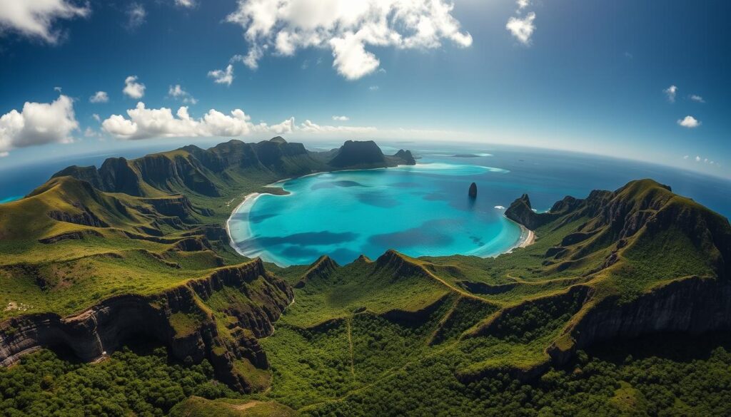 A sweeping aerial vista of the pristine island of Niue, its lush emerald interior surrounded by jagged limestone cliffs plunging into the azure Pacific. Sunlight streams through scattered clouds, casting dramatic shadows across the island's dramatic topography. In the foreground, a panoramic view captures the island's unique geology, with its distinctive karst formations and deeply eroded coastal caves. The middle ground reveals dense tropical foliage blanketing the interior, while the distant horizon is dotted with small offshore islets. An atmosphere of remote, untouched beauty pervades the scene, inviting the viewer to discover the unspoiled natural wonders of this little-known Pacific gem.