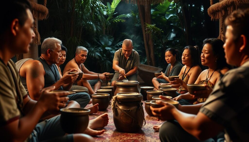 A traditional Fijian kava ceremony, captured in a warm, intimate setting. The foreground features a group of people seated on the floor, holding their ceremonial kava bowls with reverence. Their expressions convey a sense of tranquility and focus. The middle ground showcases the central kava preparation area, where a skilled practitioner carefully mixes and serves the traditional beverage. The background depicts a dimly lit, natural setting, with lush greenery and soft, diffused lighting, creating a serene and authentic atmosphere. The overall scene emphasizes the cultural significance and respectful etiquette of this centuries-old ritual.