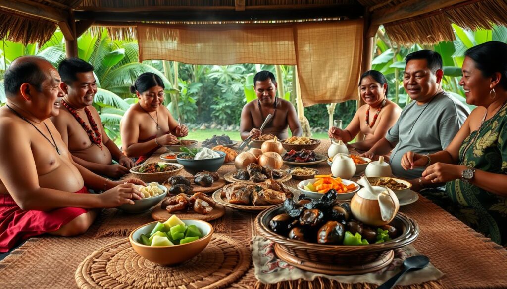 A traditional Samoan dining experience, captured in a warm, natural setting. In the foreground, a group of Samoans gather around a tapa-covered table, sharing a feast of roasted meats, steamed vegetables, and fragrant coconut dishes. The middle ground features intricate woven mats and decorative tapa cloths, while the background showcases the lush, tropical foliage of the islands. Soft, diffused lighting filters through the open-air setting, creating a cozy and inviting atmosphere. The scene exudes a sense of community, tradition, and the deep appreciation for the bounty of the land and sea that defines Samoan culinary culture.