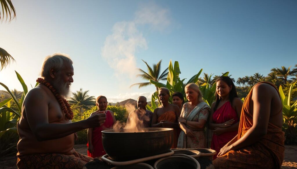 A tranquil Fijian village, with a group of people gathered around a traditional kava bowl. The scene is bathed in warm, golden light, casting a serene and ceremonial atmosphere. In the foreground, a respected elder skillfully prepares the kava, its earthy, pungent aroma filling the air. The middle ground features the participants, dressed in vibrant, traditional attire, their faces reflecting a sense of reverence and community. In the background, lush, verdant foliage and a clear, azure sky create a picturesque, tropical setting, conveying the timeless, spiritual essence of the Fijian kava ceremony.