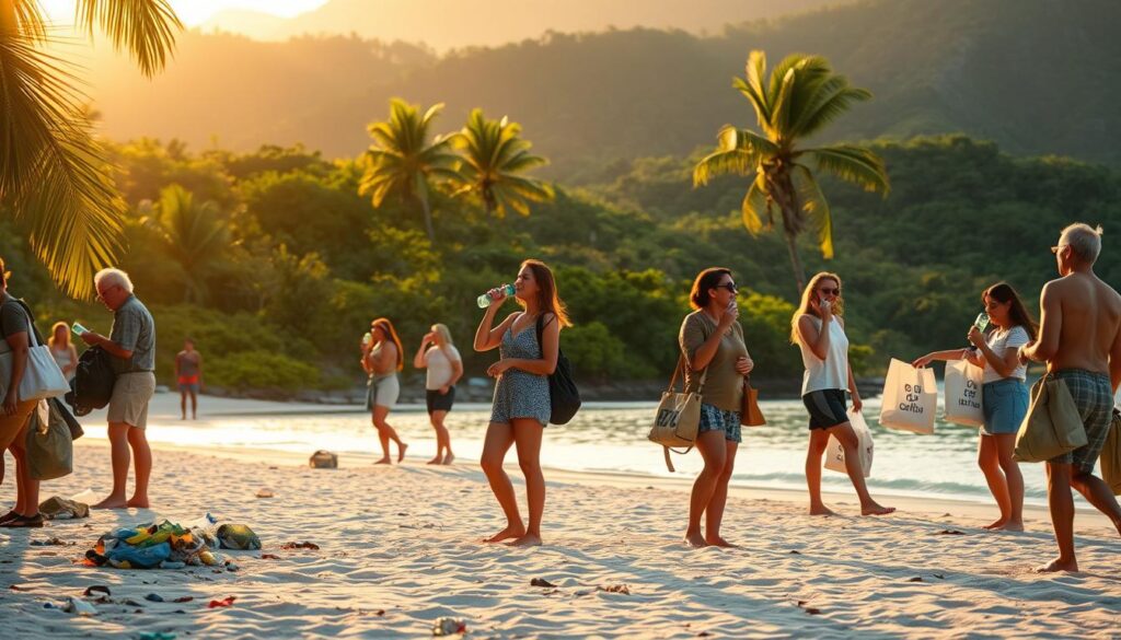 A tranquil beach scene in Vanuatu, with travelers engaging in eco-friendly practices. In the foreground, people collect litter and sort recyclables, their silhouettes backlit by the setting sun. Mid-ground, tourists sip from reusable water bottles and carry eco-friendly shopping bags. In the background, a lush, verdant landscape with swaying palm trees and a pristine, turquoise ocean. Soft, warm lighting casts a golden glow over the entire scene, conveying a sense of harmony and environmental consciousness. The overall mood is one of serenity and responsible tourism.