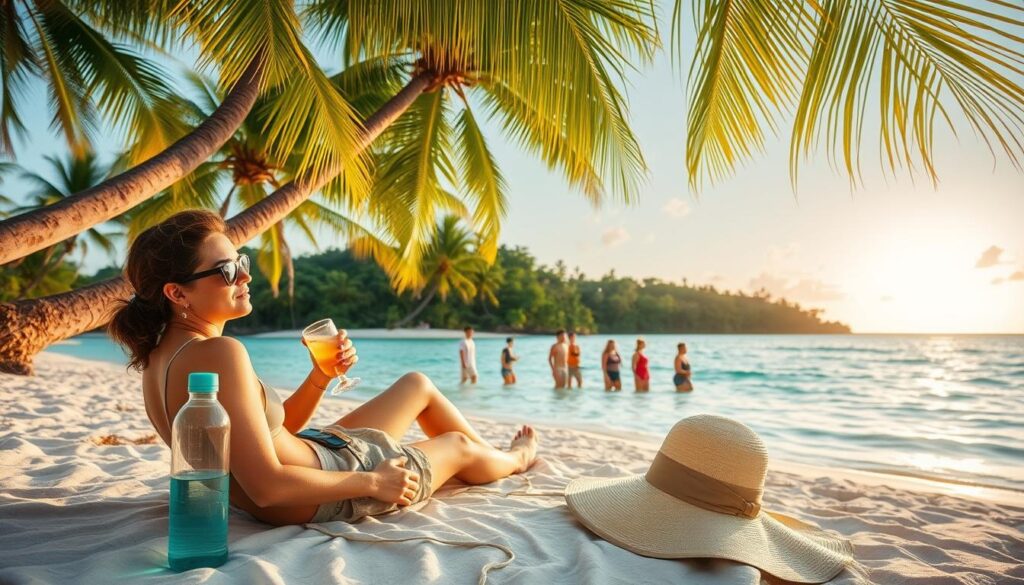 A tranquil beach scene in the South Pacific, with swaying palm trees and crystalline turquoise waters. In the foreground, a stylish traveler relaxes, sipping a refreshing beverage and applying sunscreen. Nearby, a reusable water bottle and a wide-brimmed hat sit on a towel, conveying practical travel tips for hydration and sun protection. The middle ground features a group of friends exploring the lush, verdant landscape, while the background showcases a stunning sunset over the horizon, bathing the scene in a warm, golden glow. The overall atmosphere exudes a sense of relaxation, adventure, and mindful preparation for a seamless South Pacific cruise experience.