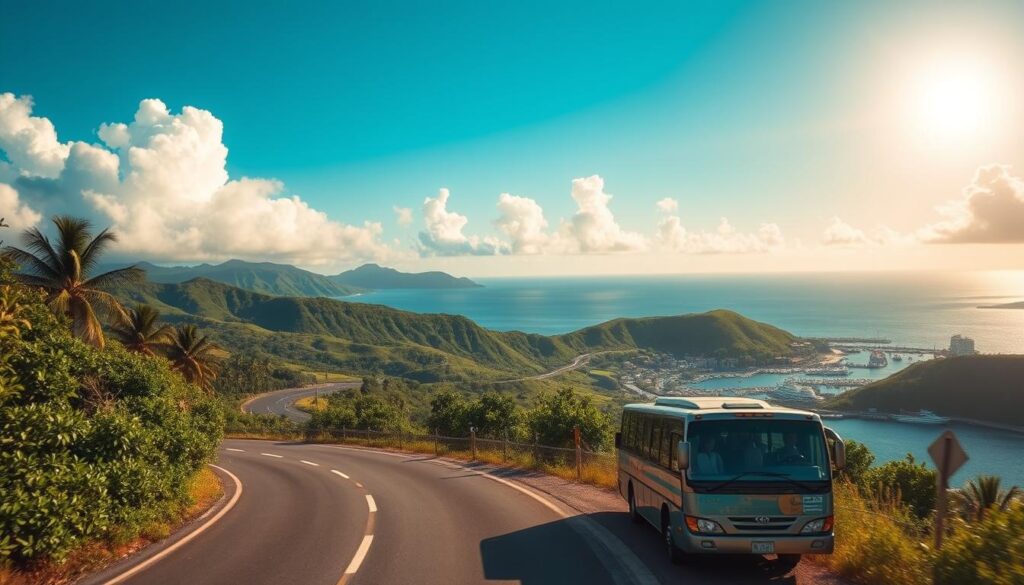 A tranquil coastal scene in the South Pacific, with a well-maintained road winding through lush, verdant hills. In the foreground, a modern, well-equipped bus navigates the curves, its passengers gazing out at the breathtaking ocean vistas. Overhead, a bright, warm sun casts a gentle glow, and billowing clouds dot the azure sky. The road is flanked by tropical foliage, and in the distance, a small harbor bustles with activity, showcasing the region's thriving maritime industry. The overall impression is one of safety, efficiency, and the natural beauty that defines the South Pacific.
