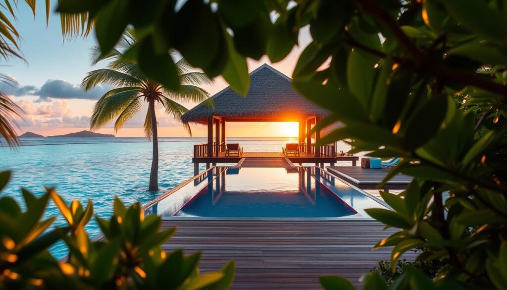 A tranquil overwater bungalow nestled in a lush tropical paradise, surrounded by crystal-clear turquoise waters and swaying palm trees. Soft, warm lighting filters through the thatched roof, creating a cozy, romantic ambiance. In the foreground, a wooden deck leads to a private infinity pool, its mirror-like surface reflecting the vibrant sunset colors in the distance. Lush, verdant foliage frames the scene, hinting at the untamed natural beauty of the Fijian or Tahitian landscape beyond. The serene, secluded setting evokes a sense of seclusion and intimacy, the perfect backdrop for a couples' honeymoon retreat.