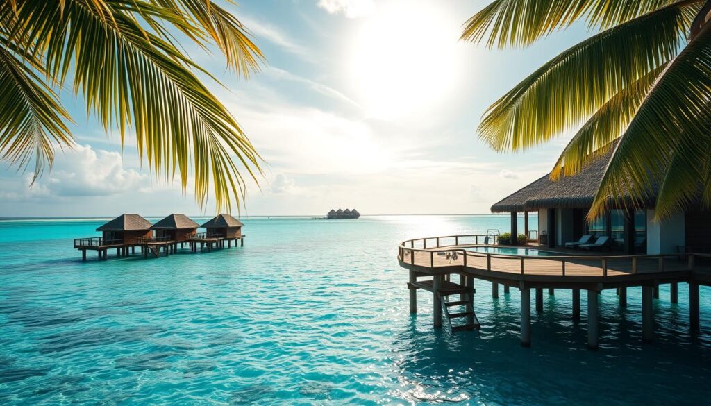 A tranquil overwater resort nestled in a secluded tropical paradise. Crystal-clear turquoise waters gently lap against wooden stilts supporting opulent, thatched-roof bungalows. Lush, verdant palms sway in the warm breeze, framing the scene. The bungalows feature private decks with panoramic views, infinity pools, and luxurious amenities. Soft, golden sunlight filters through wispy clouds, creating a serene, romantic atmosphere. A wide-angle lens captures the breathtaking vista, showcasing the resort's isolation and exclusivity. This image evokes the ultimate in private, luxury island getaways - the perfect setting for an unforgettable honeymoon.