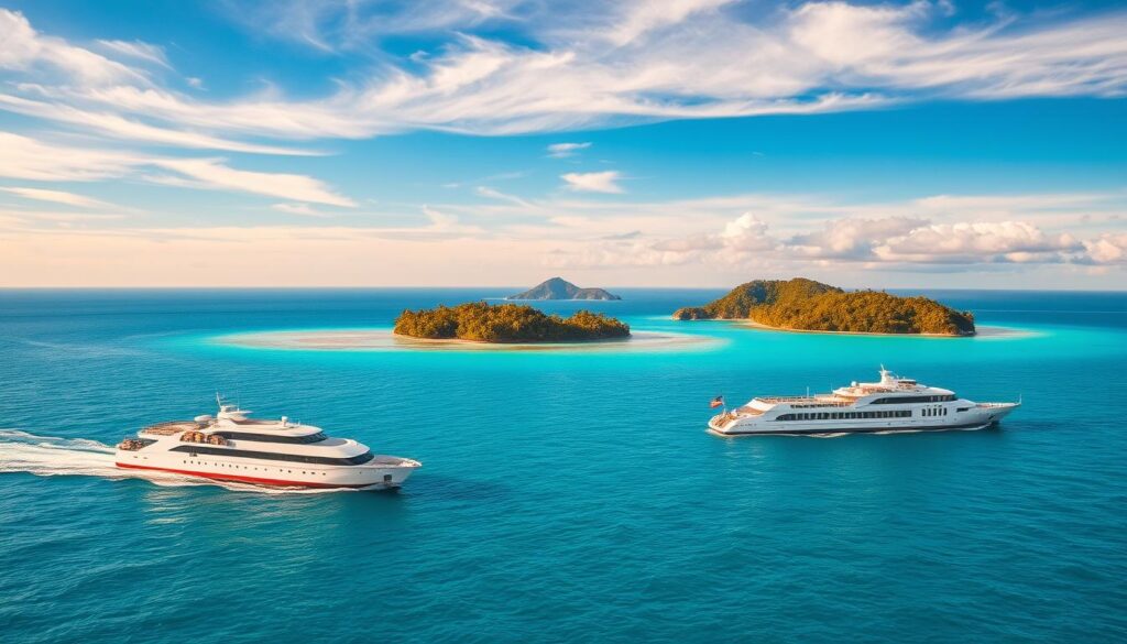 A tranquil scene of ferry routes winding through the turquoise waters of the South Pacific. In the foreground, sleek passenger ferries glide across the gently rippling surface, their white hulls reflecting the warm sunlight. In the middle ground, lush, verdant islands dotted with swaying palm trees emerge from the horizon, their silhouettes mirrored in the calm, azure expanse. The background showcases a panoramic vista of the open ocean, with wispy cirrus clouds drifting across a vibrant, azure sky. The overall atmosphere evokes a sense of tropical island serenity and the adventures of island hopping in this remote, enchanting region.