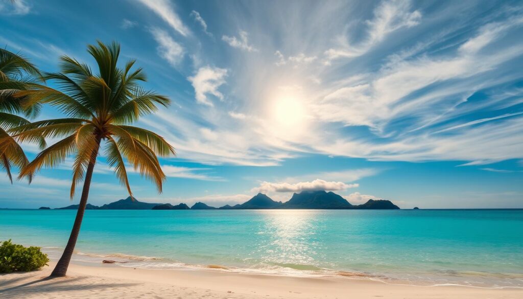 A tranquil seascape of the South Pacific, captured through the lens of a wide-angle camera. In the foreground, a pristine white-sand beach fringed with swaying palm trees, leading to a sparkling turquoise lagoon. In the middle ground, a collection of lush, verdant islands dotting the horizon, their peaks enshrouded in wispy clouds. The sky above, a breathtaking gradient of azure and cerulean, illuminated by the warm, golden glow of the sun sinking low on the horizon. The scene exudes a sense of peaceful isolation, inviting the viewer to imagine the thrill of island hopping and discovering the hidden wonders of this enchanting region.