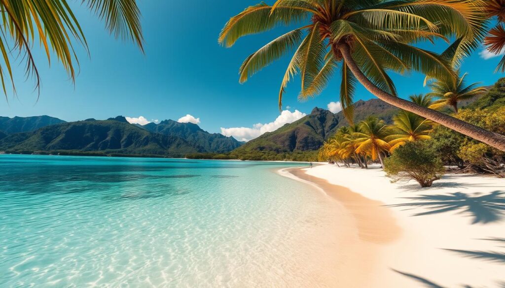 A tranquil, sun-dappled lagoon with crystalline turquoise waters lapping against a crescent-shaped, powder-soft white sand beach. Lush, verdant palm trees sway gently in the tropical breeze, casting delicate shadows on the shore. In the distance, rugged volcanic peaks rise majestically, their slopes cloaked in lush, verdant foliage. The scene is bathed in warm, golden light, creating a dreamy, idyllic atmosphere. A wide-angle lens captures the panoramic grandeur of this picturesque Vanuatu paradise, showcasing the natural splendor of Champagne Beach.