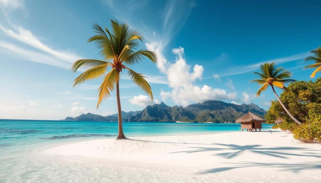 A tranquil, sun-drenched tropical island, surrounded by crystal-clear turquoise waters and a vibrant coral reef teeming with marine life. In the foreground, a secluded white sand beach flanked by swaying palm trees, inviting visitors to sink their toes into the soft, powdery sand and bask in the warmth of the gentle breeze. The middle ground reveals a small, traditional thatched-roof hut, nestled among lush, verdant foliage, offering a glimpse of the simple, unhurried island lifestyle. In the distance, rugged, verdant hills rise up, creating a dramatic natural backdrop, conveying a sense of remoteness and isolation from the outside world. Warm, golden sunlight filters through wispy clouds, casting a serene, tranquil glow over the entire scene, evocative of a truly restorative and rejuvenating remote island experience.
