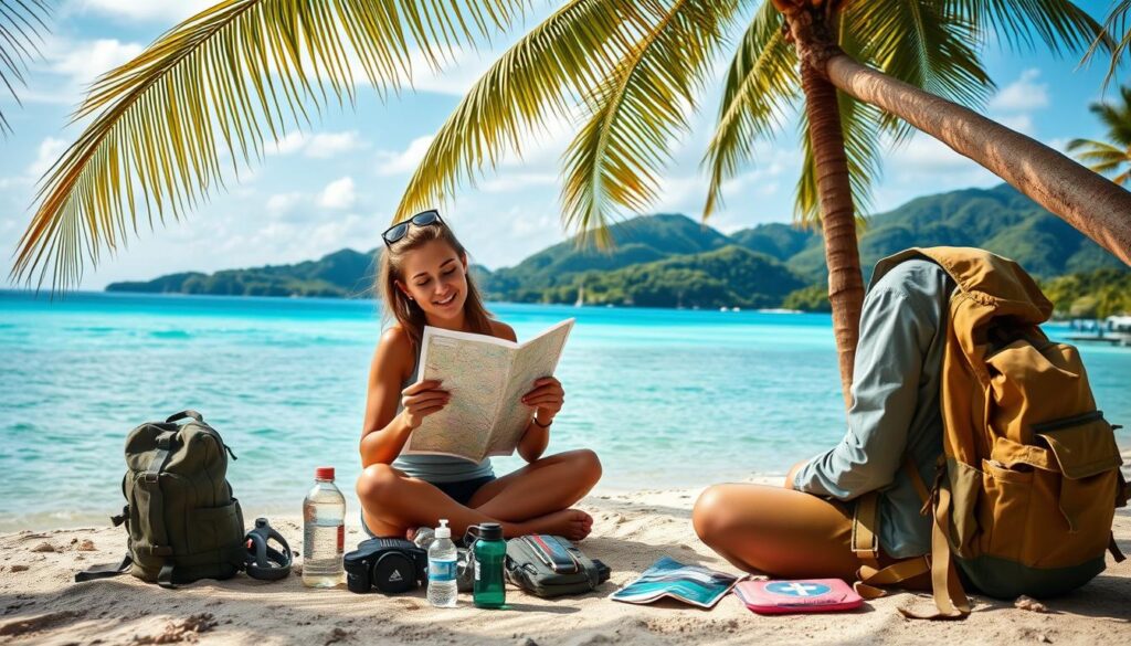 A tranquil tropical beach with swaying palm trees and crystalline azure waters. In the foreground, a solo female traveler sits cross-legged, intently studying a map and compass, her expression focused yet serene. The midground showcases a collection of essential solo travel items - a sturdy backpack, a water bottle, a first-aid kit, and a lightweight rain jacket. The background features a breathtaking panoramic view of lush, verdant hills rolling gently into the horizon. Soft, diffused natural lighting bathes the scene, creating a calming, introspective atmosphere that evokes the sense of safety and self-reliance inherent in solo travel.