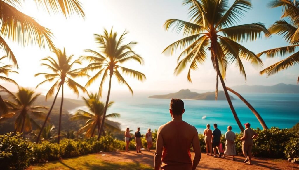 A tranquil tropical landscape in the South Pacific, with lush palm trees swaying in the gentle breeze. In the foreground, a local resident stands, contemplating the pristine azure waters and the distant islands on the horizon. The scene is bathed in warm, golden sunlight, casting long shadows and creating a sense of serenity. In the middle ground, a group of travelers are engaged in outdoor activities, mindful of the potential health concerns in the region, such as mosquito-borne illnesses and water-related risks. The background features a backdrop of verdant hills and a hazy, atmospheric sky, capturing the essence of the South Pacific's natural beauty and the need for travelers to be aware of the unique health considerations in this idyllic setting.