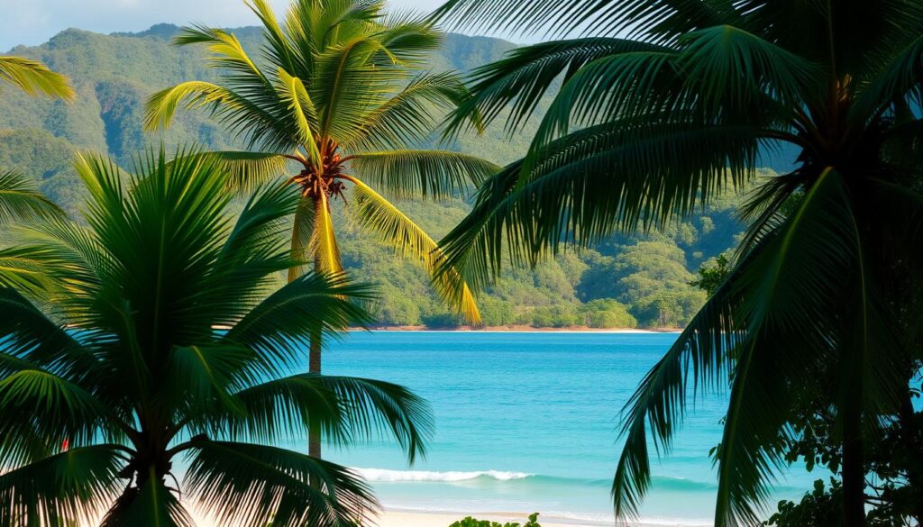 A tranquil tropical scene in Fiji during the shoulder seasons. In the foreground, lush palm trees sway gently in the breeze, their fronds casting dappled shadows on the pristine white-sand beach. In the middle ground, the turquoise waters of the South Pacific lap at the shore, occasional small waves breaking with a soft hiss. The background is dominated by verdant, rolling hills, their slopes a tapestry of greens and hints of colorful flora. The lighting is soft and diffused, creating a serene, golden-hour atmosphere. The overall mood is one of peaceful contemplation, inviting the viewer to imagine the mild, comfortable weather and reduced crowds of Fiji's shoulder seasons.