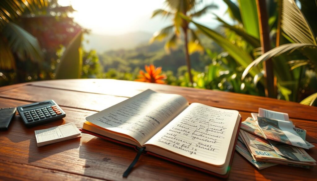 A tranquil tropical scene, the sun's warm glow casting a soft light across a wooden table. On the table, a travel journal lies open, its pages filled with handwritten notes and sketches. Beside it, a calculator, a stack of receipts, and a collection of foreign currency, all neatly arranged, symbolizing the careful planning and budgeting process. In the background, a lush, verdant landscape frames the scene, hinting at the natural wonders that await the adventurous traveler on their South Pacific journey. The overall atmosphere is one of thoughtful preparation, with a sense of anticipation and excitement for the adventures to come.