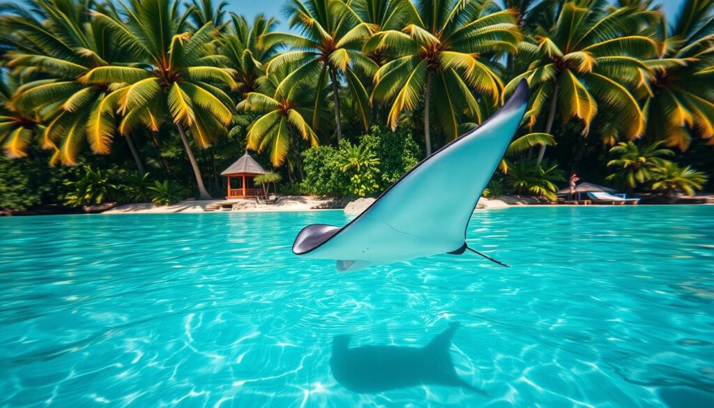 A tranquil tropical scene, with a crystal-clear turquoise lagoon in the foreground. In the middle ground, a graceful manta ray glides effortlessly through the water, its wings casting mesmerizing shadows on the surface. The background showcases lush, verdant palm trees swaying gently in the warm breeze. The lighting is soft and natural, creating a serene and inviting atmosphere. The camera angle is slightly elevated, capturing the scene from an overhead perspective, emphasizing the scale and majesty of the manta ray. The overall mood is one of awe, wonder, and the sheer beauty of the manta ray's natural habitat.