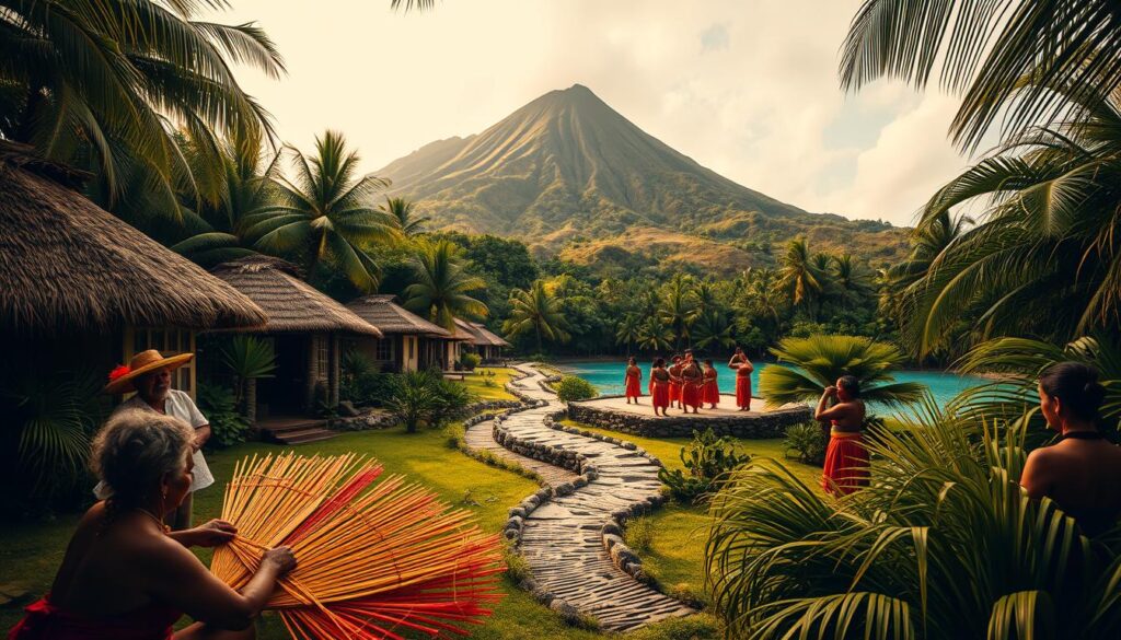 A tranquil village nestled amidst lush tropical foliage, with thatched-roof huts and winding paths leading to a sparkling azure lagoon. In the foreground, a group of Niuean elders weave intricate pandanus mats, their fingers deftly manipulating the vibrant strands. The middle ground features a ceremonial dance performance, with graceful movements and vibrant costumes. In the background, a magnificent volcanic peak rises, its slopes blanketed in verdant forest. Warm, diffused lighting casts a golden glow, evoking the timeless, serene atmosphere of Niuean culture.
