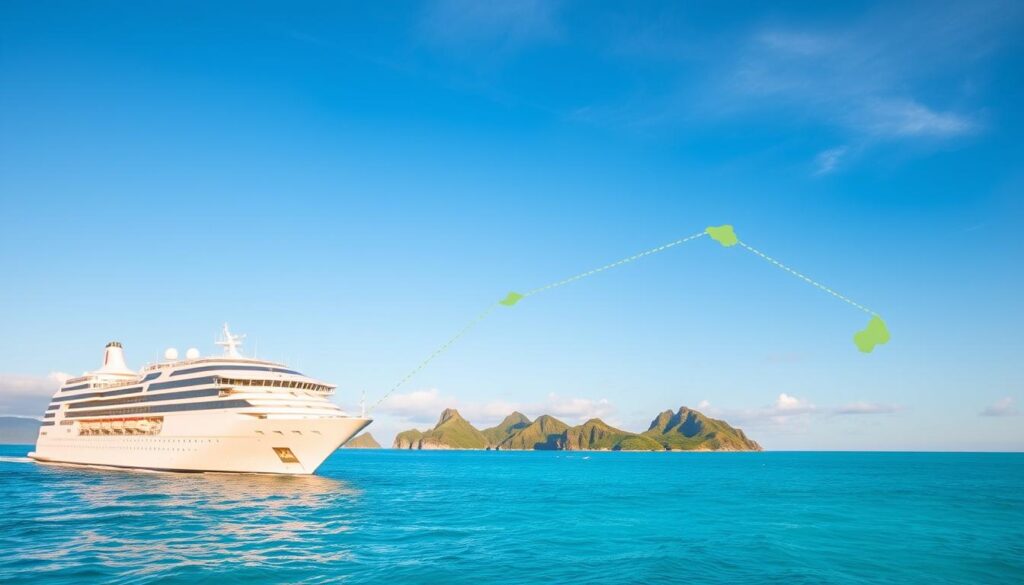 A vibrant French Polynesian cruise itinerary unfolds across a serene, turquoise ocean. In the foreground, a luxury cruise ship glides gracefully, its sleek white hull reflecting the warm, golden sunlight. Lush, verdant islands dot the horizon, their jagged volcanic peaks rising majestically against a cloudless azure sky. The middle ground features a map-like illustration of the islands, with dotted lines tracing the suggested cruise route, inviting the viewer to imagine the journey. The overall atmosphere is one of tranquility, adventure, and the promise of exotic, tropical exploration.