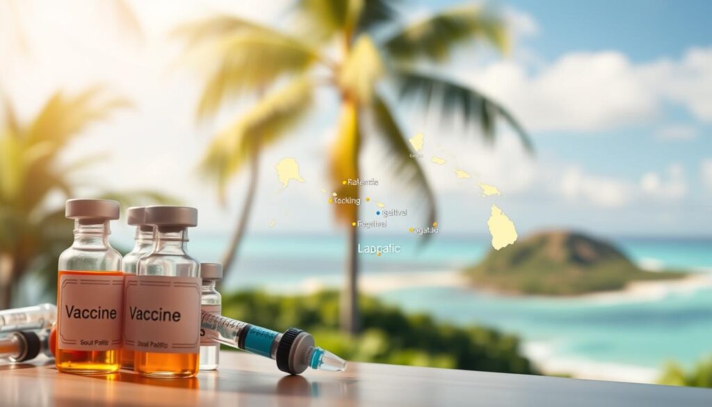 A vibrant and informative medical illustration depicting the recommended vaccines for travel to the South Pacific region. The foreground showcases a collection of vaccine vials, syringes, and medical paraphernalia against a blurred background. The middle ground features a stylized map of the South Pacific islands, with key destinations highlighted. The background displays a serene, tropical landscape with palm trees, lush foliage, and a picturesque coastline. The lighting is soft and natural, creating a sense of warmth and authority. The overall composition conveys a sense of informed guidance and practical medical advice for the discerning traveler.