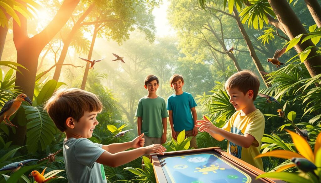 A vibrant and playful scene set in the lush forests of the Wild Kratts world. In the foreground, two children enthusiastically engage with interactive touchscreen displays, exploring the wonders of nature through educational games. Sunlight filters through the canopy, casting a warm glow on the scene. In the middle ground, the Kratt brothers observe the children, their expressions filled with delight as they witness the magic of learning through play. In the background, a diverse array of wildlife - from birds to insects - inhabit the verdant surroundings, creating a sense of immersion in the natural world. The overall atmosphere is one of wonder, discovery, and the joyful fusion of education and entertainment.