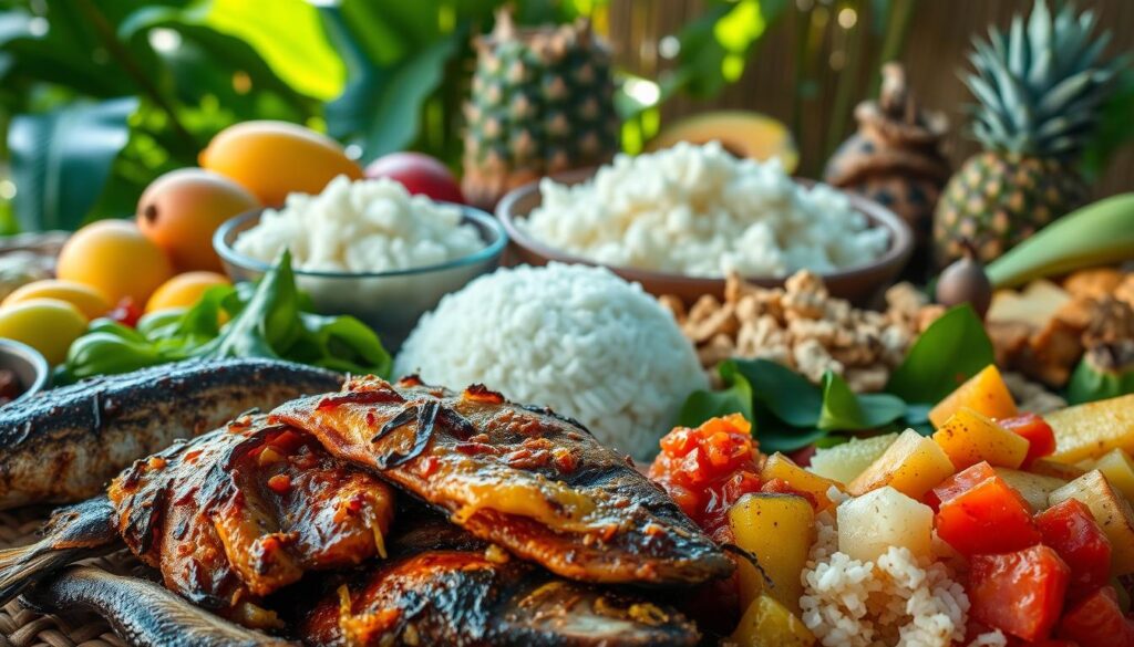 A vibrant display of Samoan culinary delights, captured in a warm, natural light. In the foreground, an array of traditional dishes: juicy, grilled fish seasoned with fragrant island spices, accompanied by taro leaves simmered in coconut milk, and a fluffy mound of steamed white rice. In the middle ground, a large bowl of rich, creamy poi, the staple root vegetable starch, alongside a selection of tropical fruits like mangoes, pineapples, and breadfruit. The background features a woven mat or table, with a backdrop of lush, verdant foliage hinting at the island's lush vegetation. The overall scene exudes a sense of authentic, rustic Samoan hospitality and celebration of local flavors.
