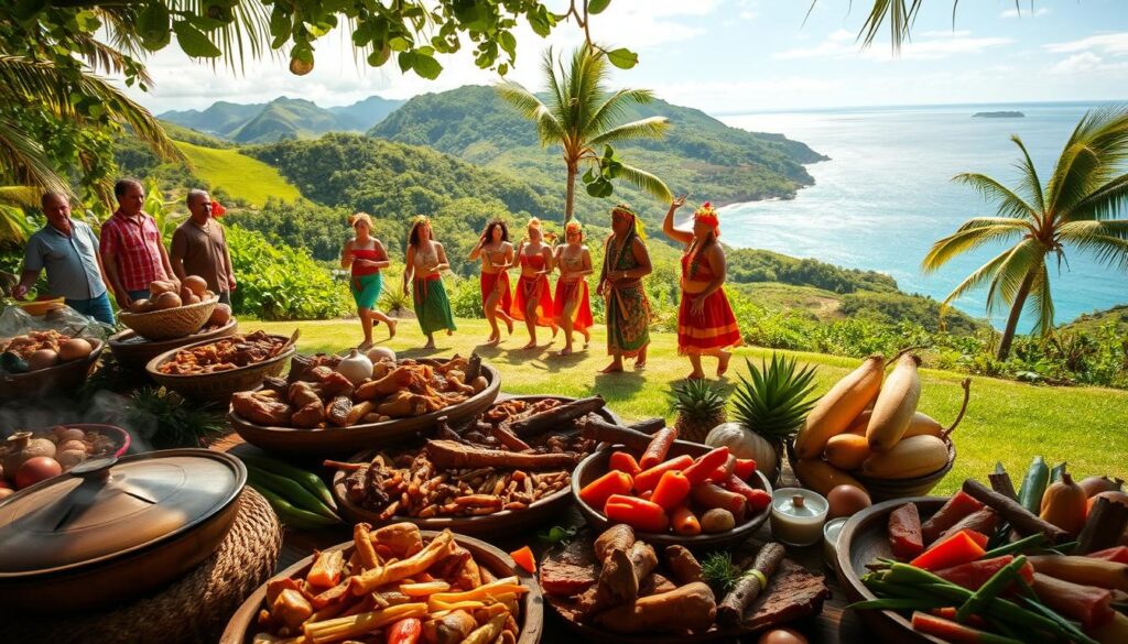 A vibrant feast of Tongan cultural delights, captured in a lush, sun-dappled scene. In the foreground, a bountiful display of traditional Tongan dishes - steaming umu-cooked meats, fragrant root vegetables, and colorful tropical fruits. Mid-frame, a group of locals in vibrant ceremonial attire perform an energetic dance, their movements graceful and fluid. In the background, a breathtaking landscape of verdant hills, swaying palm trees, and a shimmering azure ocean. Warm, golden lighting casts a serene, inviting glow over the entire tableau, evoking the warmth and hospitality of Tongan culture.