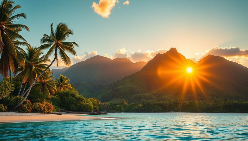 A vibrant landscape at the golden hour, showcasing the stunning natural beauty of the Cook Islands. In the foreground, a pristine, turquoise lagoon laps against a powdery white sand beach, palm trees swaying gently in the warm breeze. In the middle ground, lush, verdant hills rise up, dotted with colorful tropical flora. The background is dominated by a dramatic mountainous skyline, the peaks bathed in a soft, golden glow as the sun dips below the horizon. The scene exudes a sense of tranquility and paradise, capturing the essence of the ideal time to visit this idyllic South Pacific destination.
