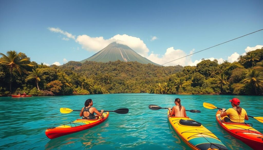 A vibrant outdoor scene in Vanuatu, showcasing the diverse range of activities beyond hiking. In the foreground, a group of adventurers engage in kayaking, paddling through a serene turquoise lagoon surrounded by lush, verdant islands. In the middle ground, a zip-line runs through the dense, verdant jungle canopy, offering thrilling aerial views. In the background, a towering, mist-shrouded volcano stands as a dramatic backdrop, hinting at the region's volcanic origins. The scene is bathed in warm, golden sunlight, evoking a sense of tropical paradise and the spirit of exploration. Shot with a wide-angle lens to capture the expansive, cinematic feel of the landscape.