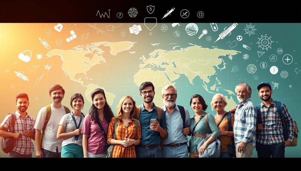 A vibrant panoramic illustration of the importance of travel vaccinations. In the foreground, a diverse group of travelers - families, young adults, and seniors - stand together, their faces alight with excitement and anticipation. In the middle ground, a detailed world map unfolds, highlighting the South Pacific region in vivid detail. Surrounding the travelers, a halo of medical icons - syringes, pills, and protective symbols - underscores the vital role of preventative healthcare. The background is bathed in a warm, golden light, evoking a sense of safety, security, and the transformative power of travel. The overall composition conveys the message that informed, responsible travel is the key to unlocking the wonders of the world.