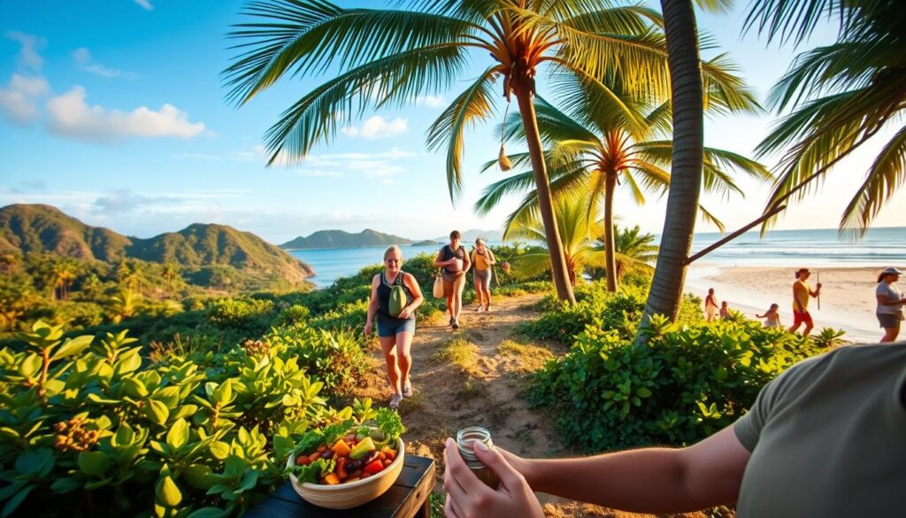 A vibrant scene in the South Pacific, showcasing safe travel practices. In the foreground, a traveler enjoys a fresh, locally-sourced meal, sipping from a reusable water bottle. The middle ground features a group of hikers navigating a scenic trail, wearing sun-protective clothing and applying sunscreen. In the background, a pristine beach with swaying palm trees, where beachgoers follow safe swimming guidelines. Soft, warm lighting creates a serene, inviting atmosphere, captured through a wide-angle lens that emphasizes the harmonious relationship between people and the natural environment.