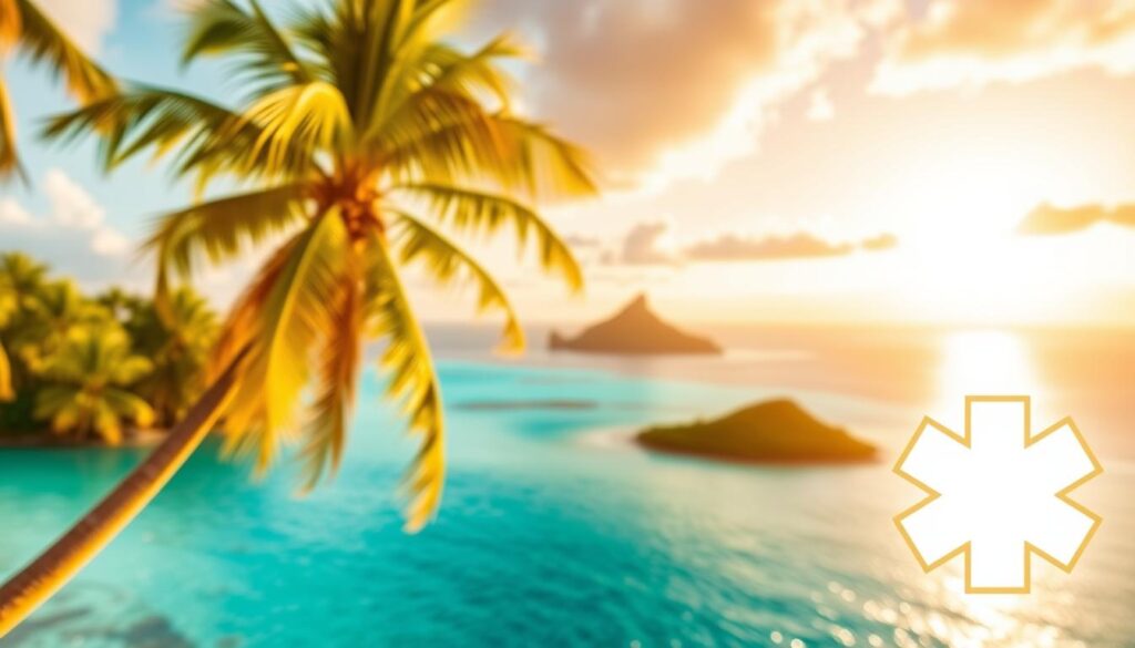 A vibrant scene of French Polynesia's health regulations, captured with a wide-angle lens. In the foreground, a stylized medical symbol or emblem, casting a warm glow over the scene. In the middle ground, a tropical landscape unfolds, featuring lush palm trees, crystal-clear waters, and a picturesque island silhouette. The background is illuminated by a soft, golden sunset, creating a serene and inviting atmosphere. The overall composition conveys a sense of safety, wellness, and the harmonious blending of modern health guidelines with the natural beauty of this South Pacific paradise.