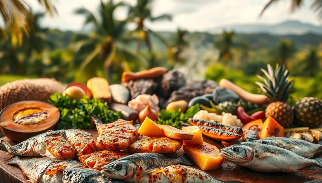 A vibrant still life scene of the most iconic and mouthwatering Samoan dishes, captured in warm, natural lighting with a soft, focus-blurred background. In the foreground, a visually stunning array of sizzling, grilled fish, accompanied by taro, breadfruit, and lush tropical fruits like papaya and pineapple. In the middle ground, a traditional umu (earth oven) with steam gently rising, surrounded by fresh herbs and spices. The background features a lush, verdant landscape with swaying palm trees, hinting at the island's stunning natural beauty. The overall mood is one of culinary abundance, cultural authenticity, and the irresistible flavors of Samoa.