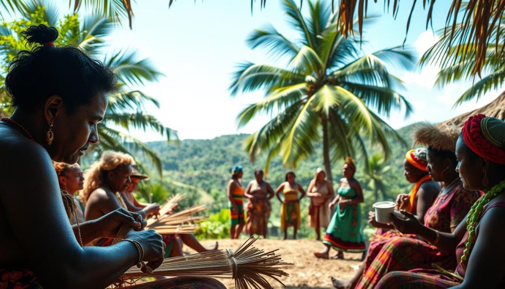 A vibrant, sun-drenched scene in a remote Vanuatu village. In the foreground, indigenous islanders engage in traditional handicraft weaving, their intricate patterns and deft movements captured in a warm, diffused light. In the middle ground, a group of locals perform an energetic cultural dance, their vibrant costumes and animated expressions conveying the rich heritage of the region. The background frames a lush, verdant landscape of swaying palms and rolling hills, hinting at the untouched natural beauty that surrounds the community. The entire composition exudes a sense of authentic, immersive cultural experience, inviting the viewer to step into this enchanting corner of the South Pacific.