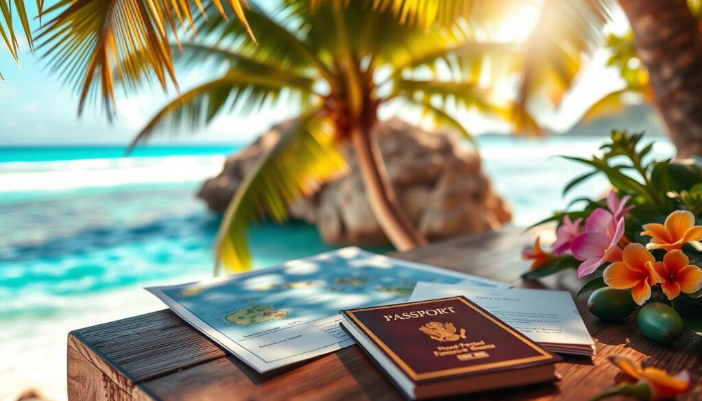 A vibrant, sun-drenched scene of French Polynesia's visa information, captured with a wide-angle lens and warm, natural lighting. In the foreground, a stack of travel documents and a passport lie atop a wooden table, surrounded by tropical foliage and flowers. In the middle ground, a map of the islands unfurls, its vibrant blues and greens hinting at the crystal-clear waters and lush landscapes. In the background, a horizon of turquoise waves laps against a pristine, white-sand beach, creating a sense of tranquility and adventure. The overall atmosphere evokes the allure and wonder of this South Pacific paradise, inviting the viewer to explore its entry requirements and plan their journey.