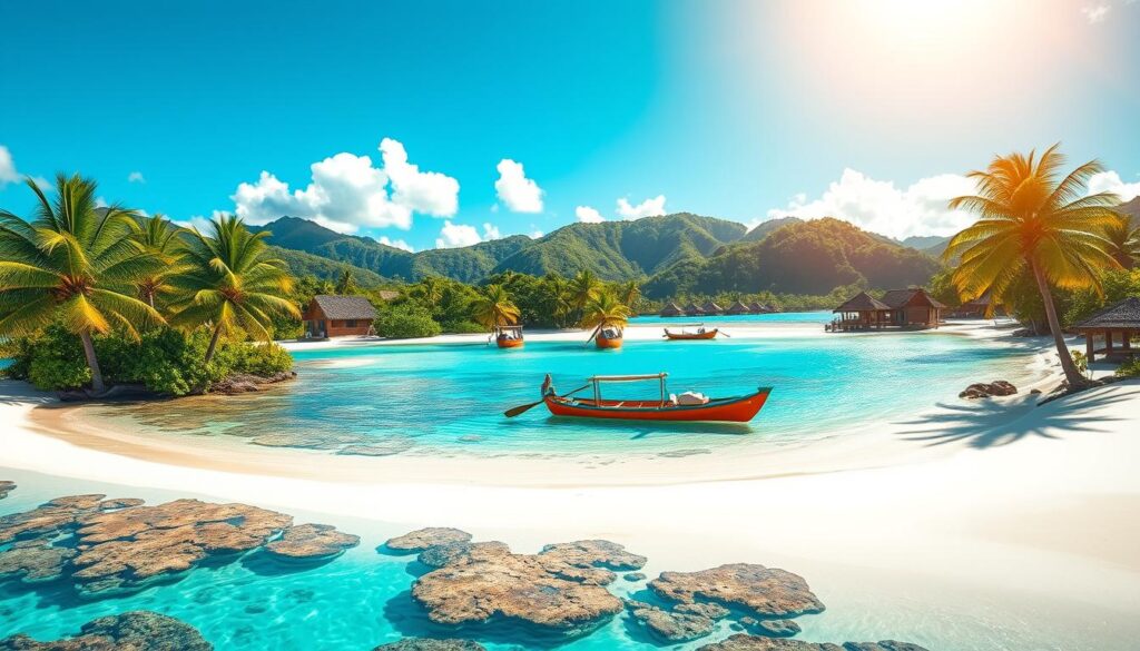 A vibrant, sun-drenched tropical landscape showcasing the captivating wonders of Kiribati. In the foreground, a pristine white-sand beach curves gracefully, lapped by turquoise waters and dotted with swaying palm trees. Vibrant coral reefs teeming with kaleidoscopic marine life shimmer beneath the surface. In the middle ground, traditional thatched-roof bungalows and canoes painted in vibrant hues dot the shoreline, hinting at the rich cultural heritage. The background features lush, verdant hills and azure skies, creating a sense of tranquil remoteness. Soft, diffused lighting bathes the entire scene in a warm, golden glow, evoking the laid-back island ambiance. The overall composition captures the essence of Kiribati's unspoiled natural beauty and the allure of its remote, off-the-beaten-path charm.